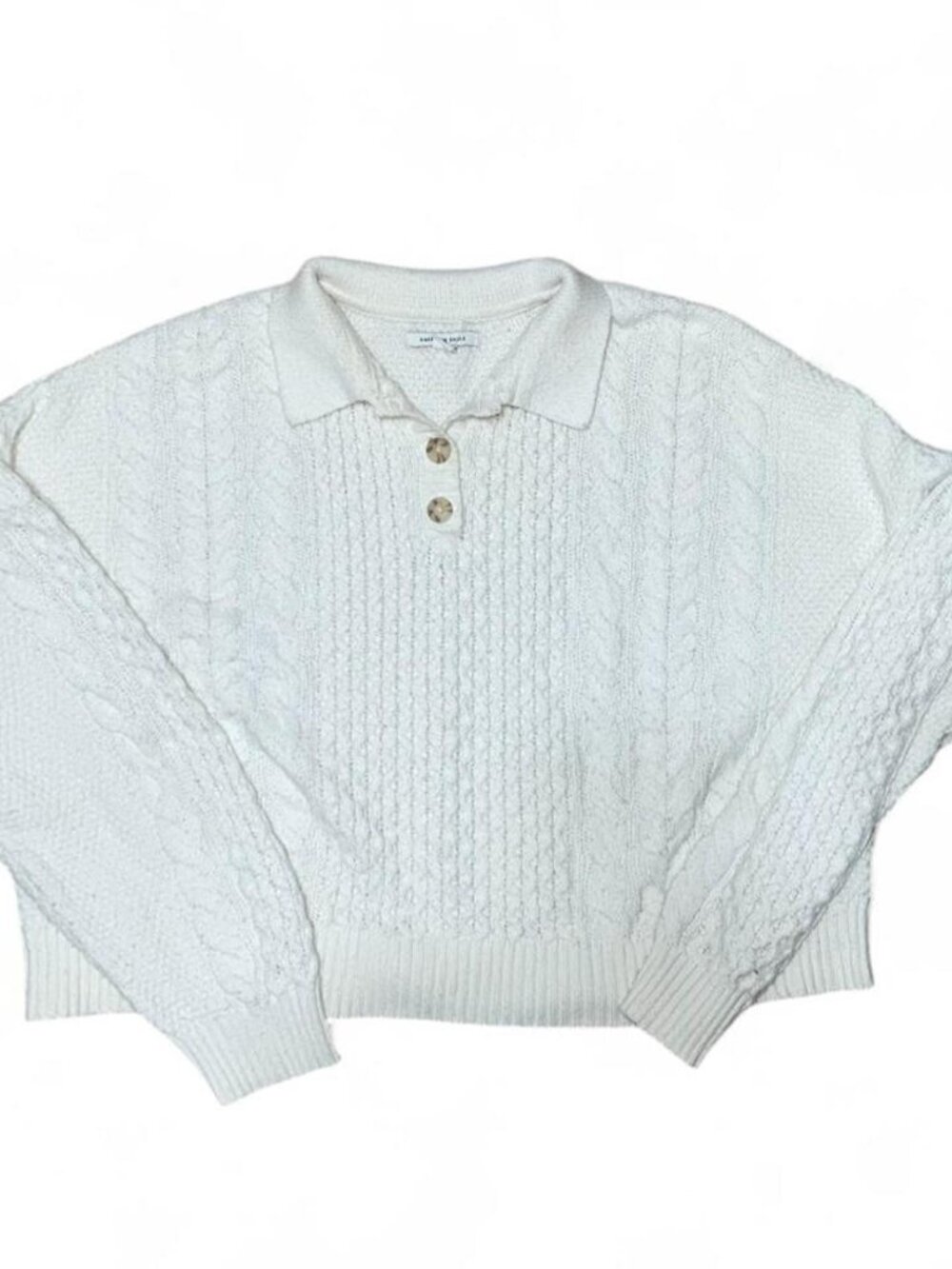American Eagle Cropped Knit White Quarter Button Sweater